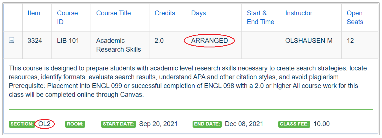 e-learning class schedule visual description of how to see if a class in online only.