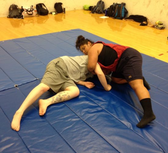 Jiu-Jitsu club members rolling on mats