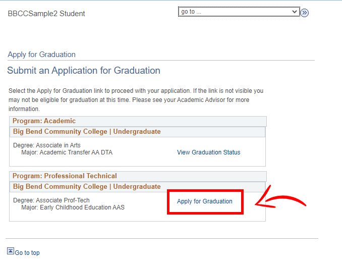 website showing apply for graduation section highlighted with red box