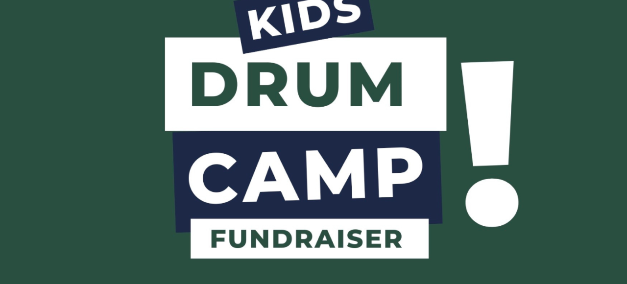 words kids drum camps and giant exclamation point on green background