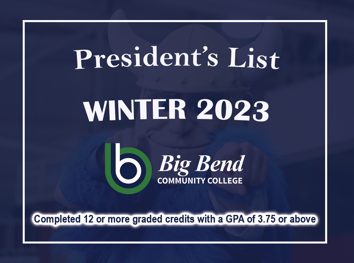 President's List Winter 2023 with college logo