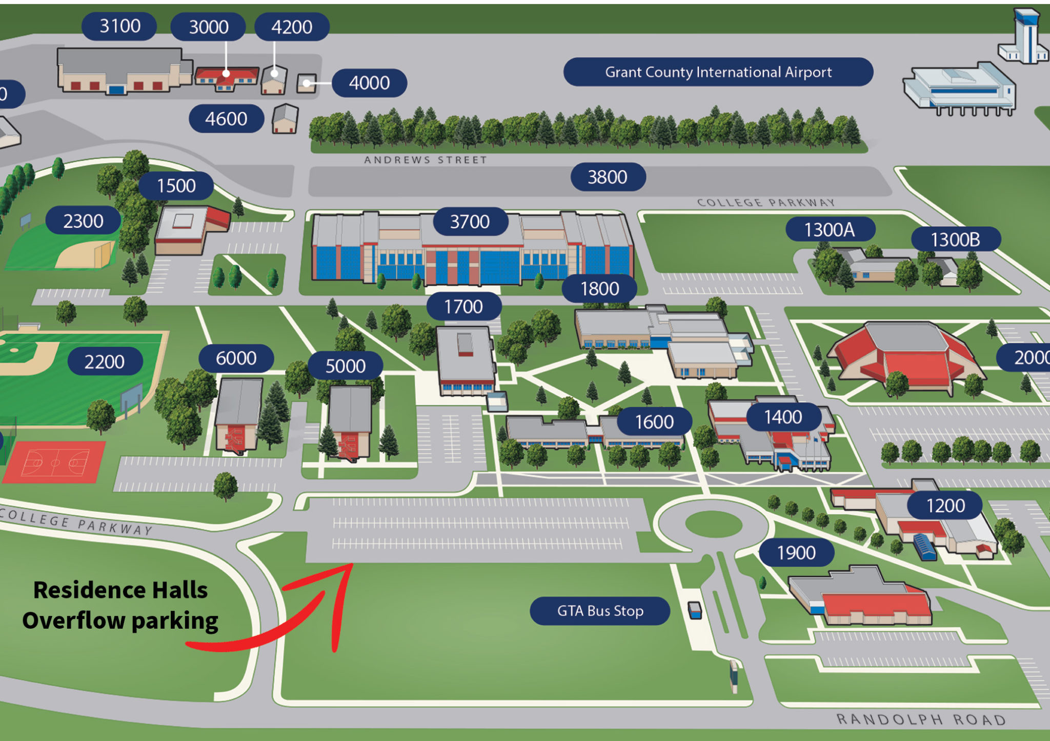 map of campus showing residence halls parking lot