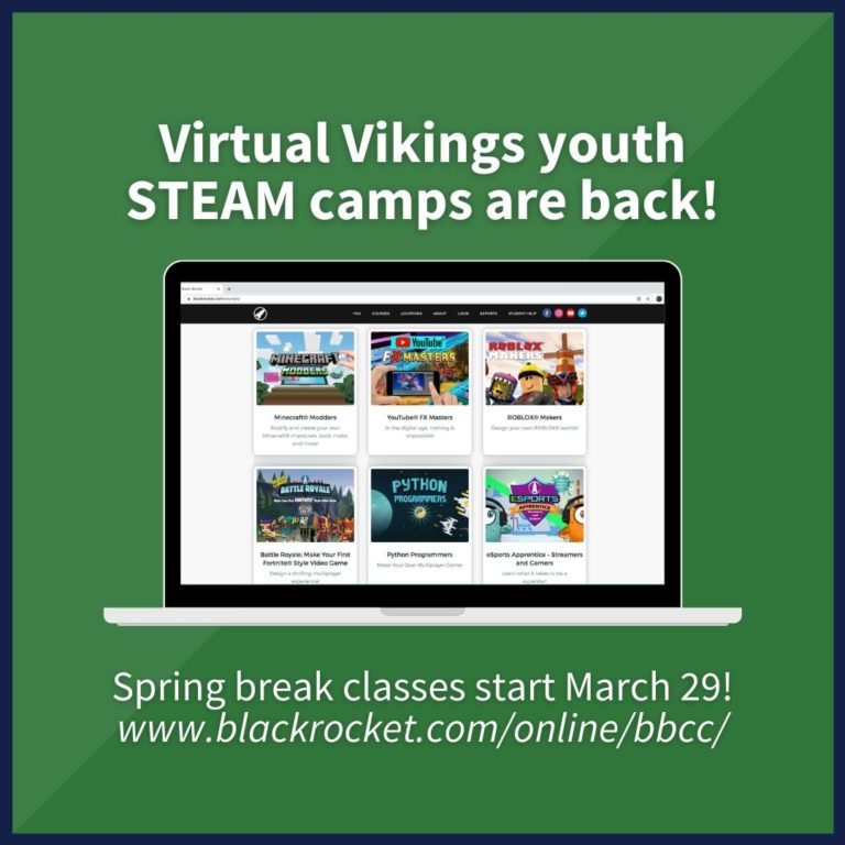 ad for Virtual Vikings youth STEAM camps with image of laptop and screenshot of blackrocket homepage