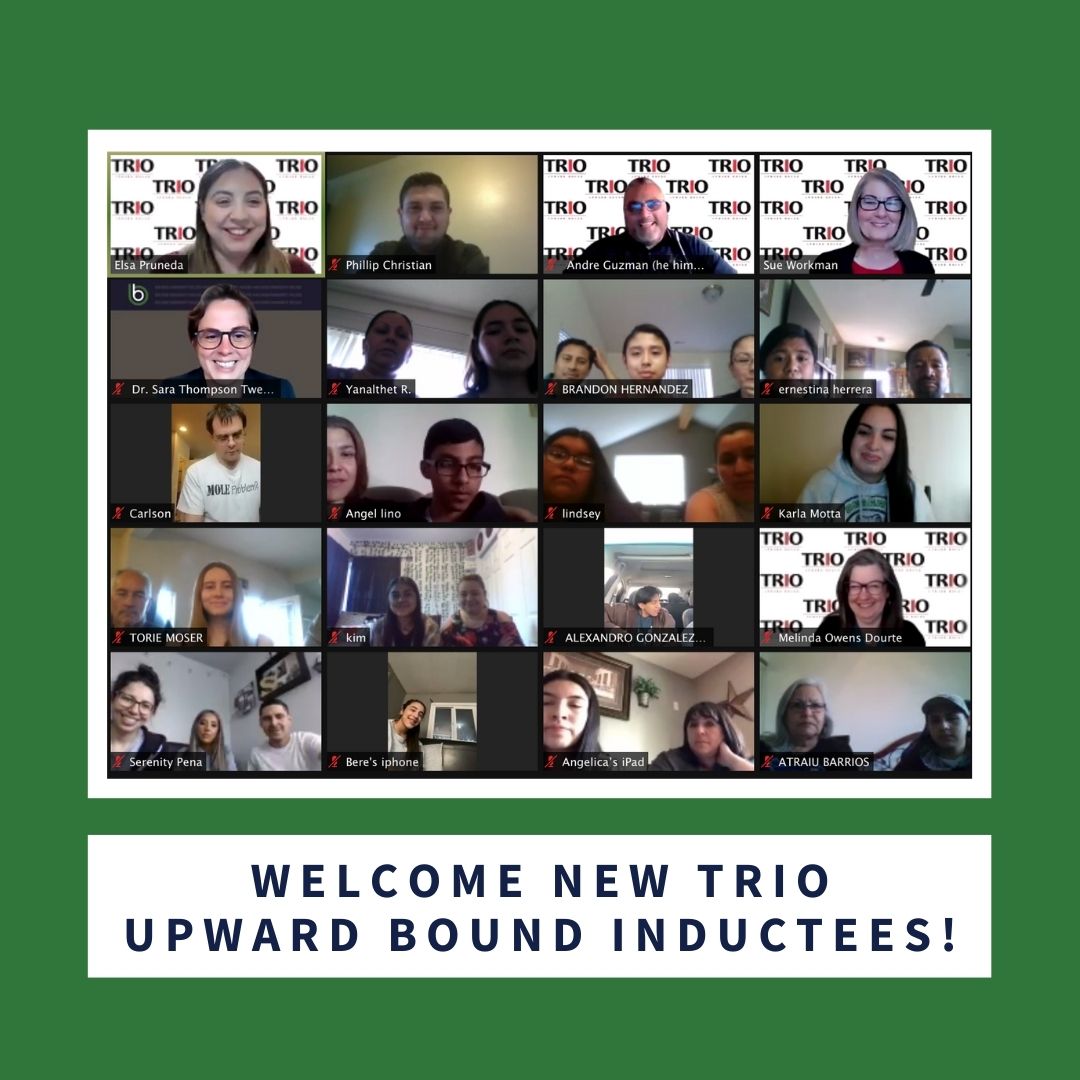 screenshot of zoom call with 5 rows of participants, with the words welcome new trio upward bound inductees