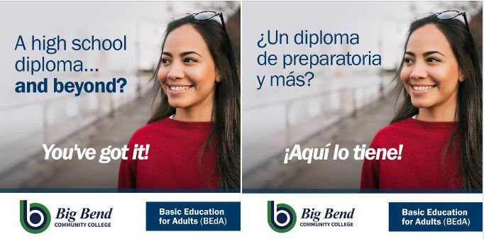 Two exact images side by side, one in English and one in Spanish promoting people to get their high school diploma.