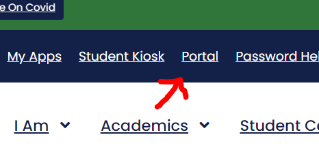 Arrow pointing to Portal link on the Big Bend website.