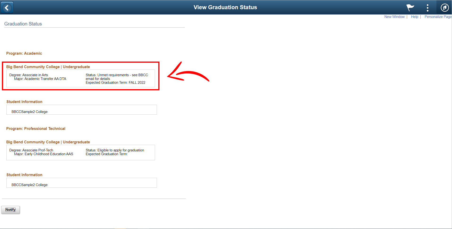 website with graduation status section highlighted with red box