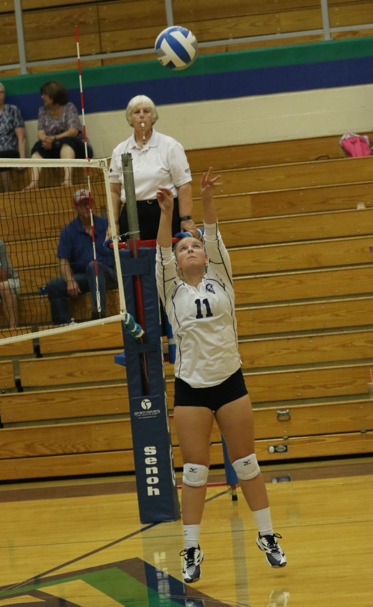 Volleyball player hitting ball