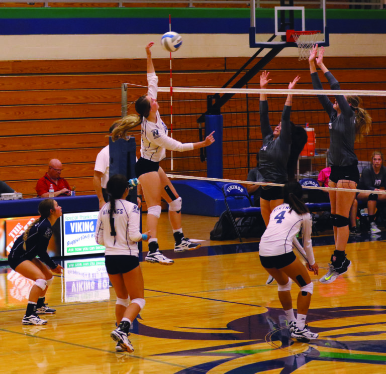 Volleyball player hitting over the net
